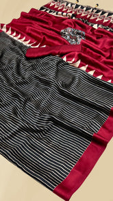 Black and Red Striped Temple Ajrakh Gajji Silk Saree